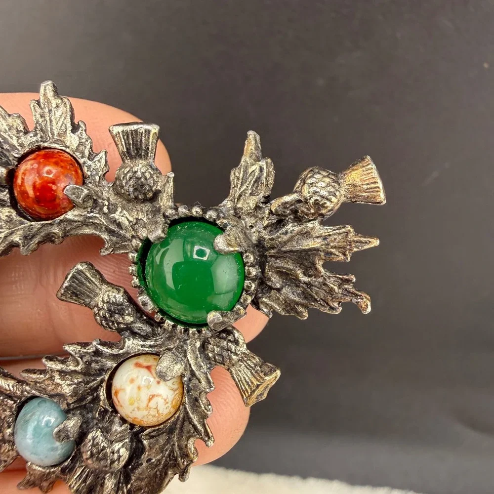 Vintage Jacobite Brooch Silver Tone Scottish Thistle Wreath Multicolor Stone